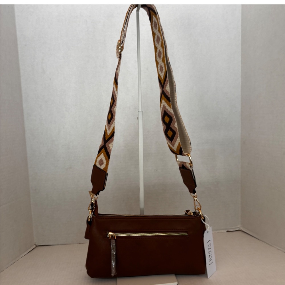 Metro Muse Crossbody Bag‎ Women  Brown Vegan Leather Geometric Guitar Strap NWT